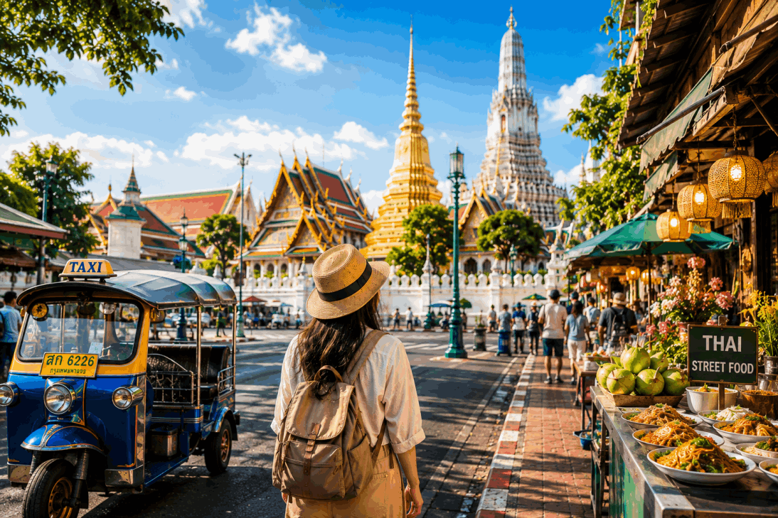 AI Illustration of Thailand travel with temples, street food and a tuk-tuk