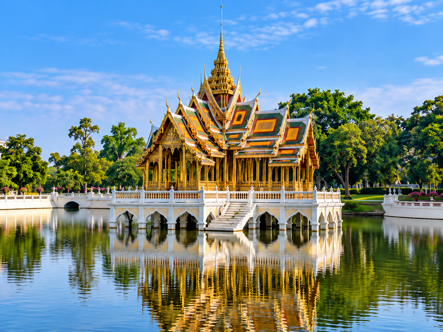 AI Illustration of the Aisawan Thiphya-Art pavilion reflected in a pond at Bang Pa-In Royal Palace.