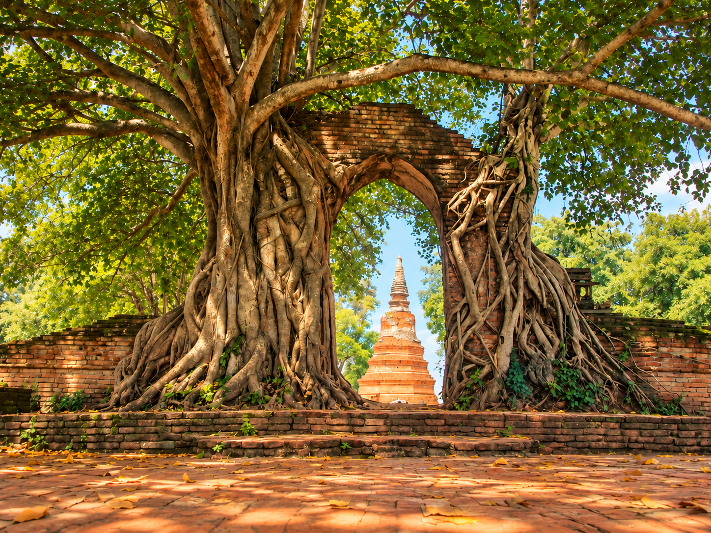 AI Illustration of the ancient brick gateway embraced by tree roots at Wat Phra Ngam in Ayutthaya.