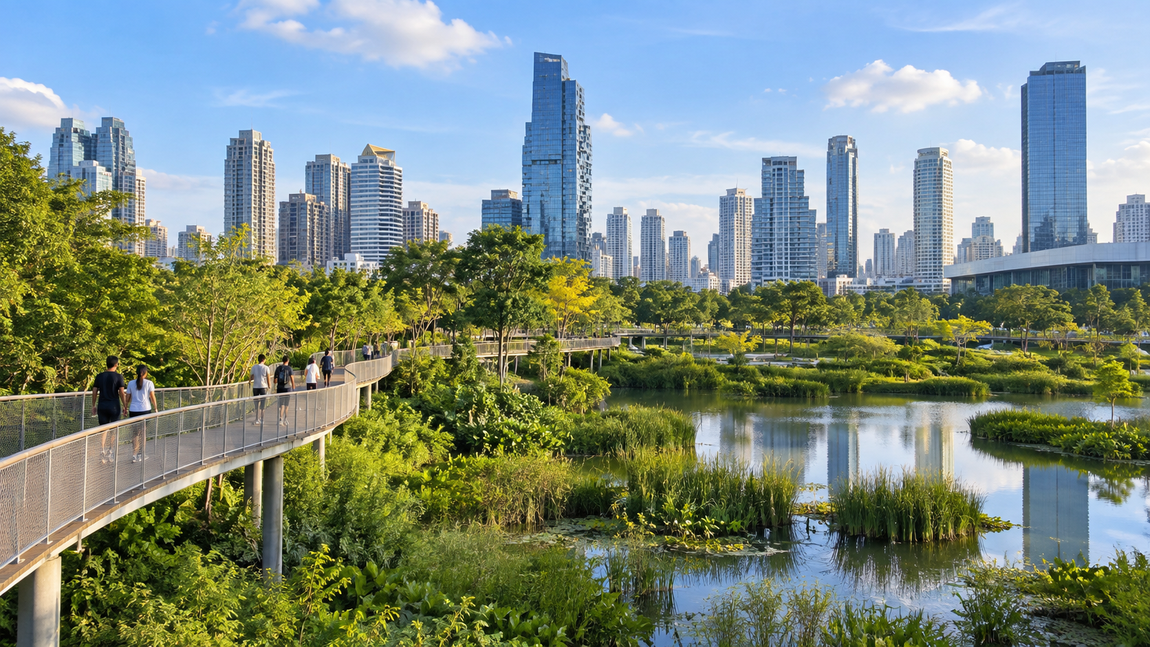 AI Illustration of Benjakitti Park and Bangkok skyline