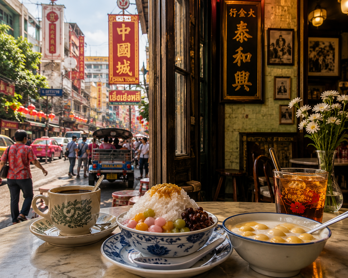 AI illustration of a café and dessert break in Chinatown