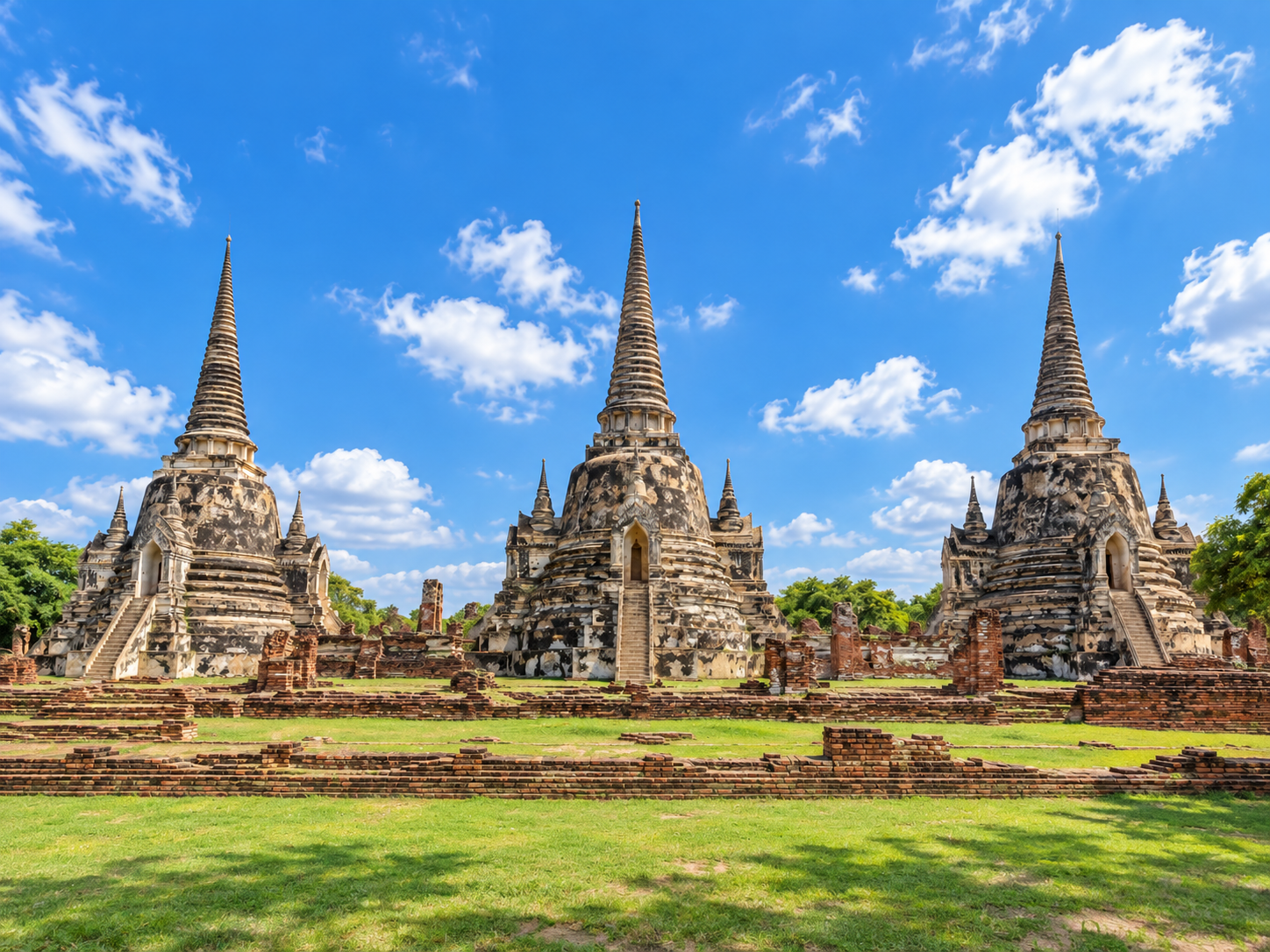 AI Illustration of the three main chedis at Wat Phra Si Sanphet in Ayutthaya.